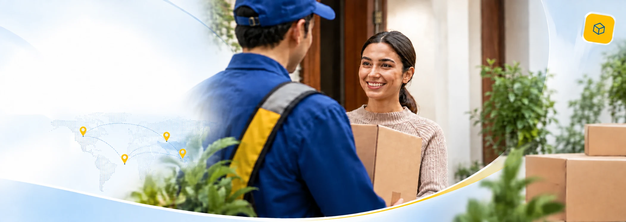 A courier handing a parcel to a customer