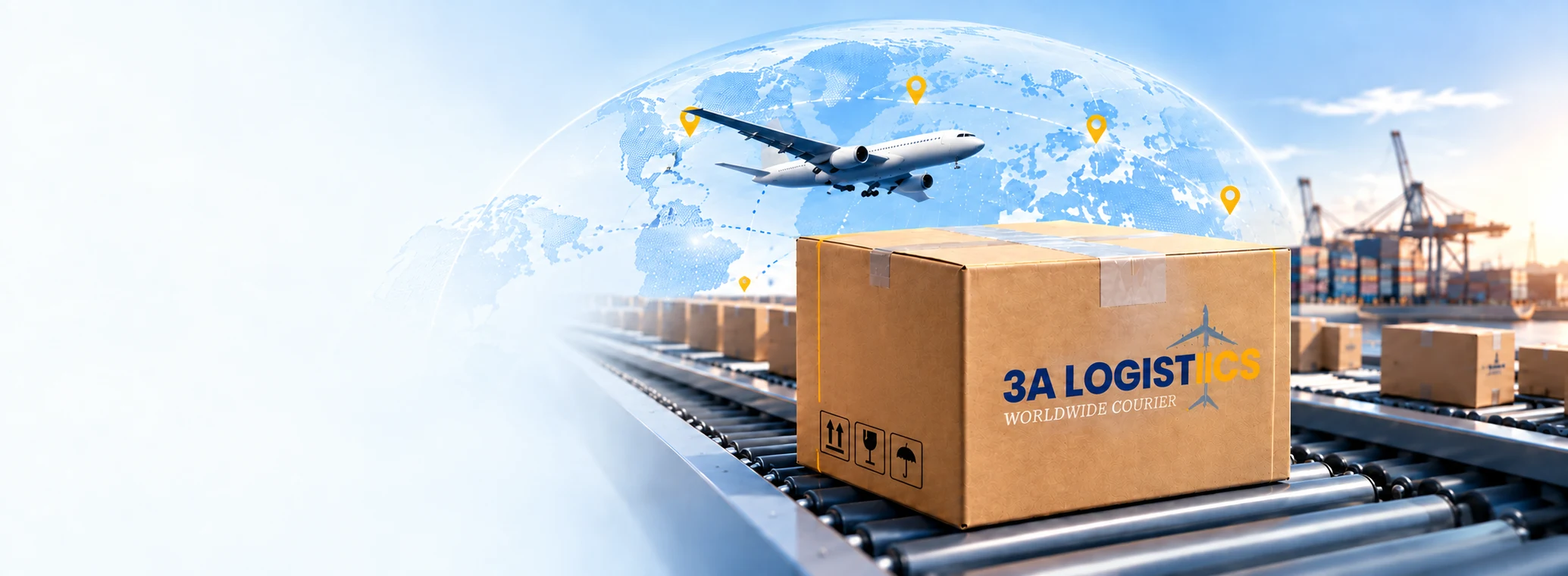 A 3A Logistics shipping parcel on a conveyor with an aircraft and global delivery routes